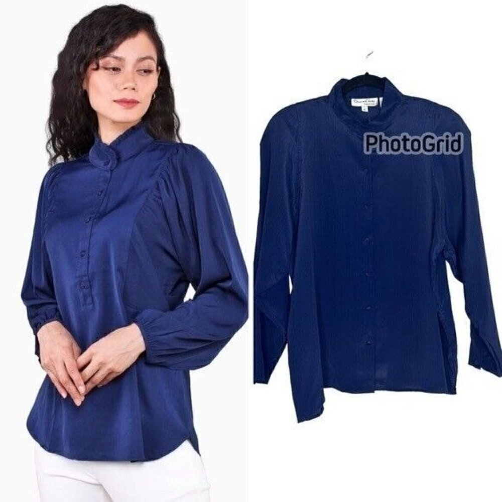 OSCAR De La Renta Blue Hi Neck Long Sleeves Blouse Women’s Size 16